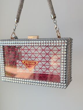 Upcycled Crystal-Trim Clear Box Clutch in Pink